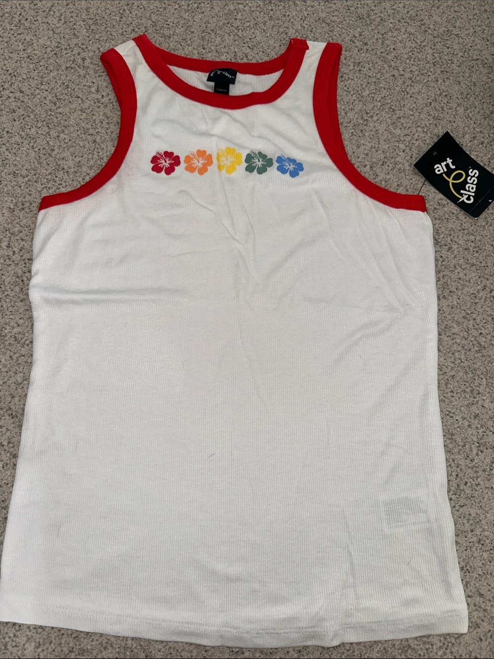art class White Tank with Red Trim and Rainbow Floral Row